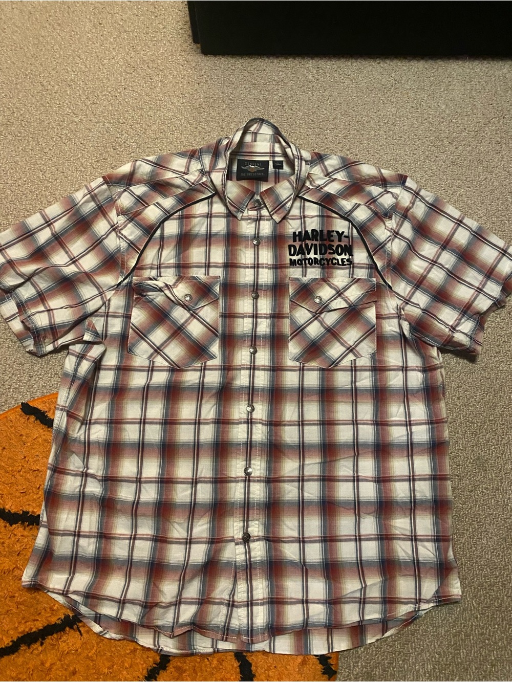 Harley-Davidson Men’s Plaid Short Sleeve Button-Up Shirt - White, Red & Blue